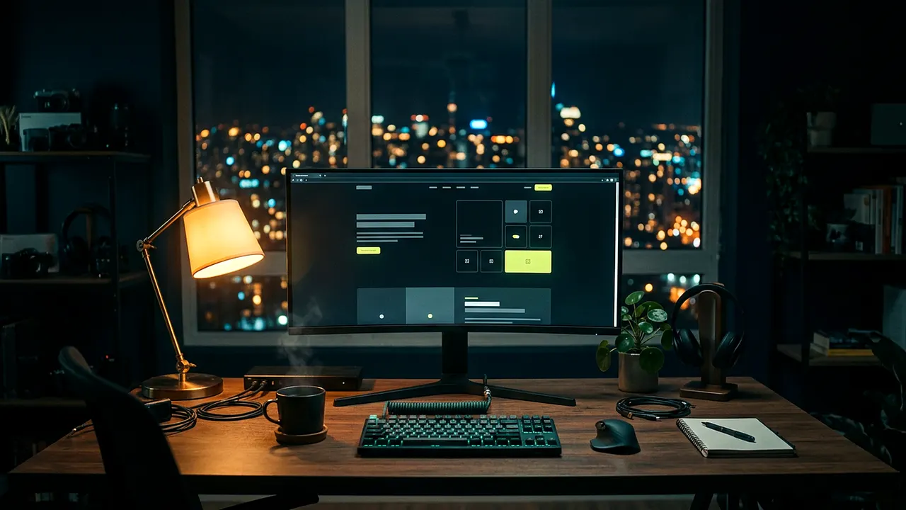 A dark, cinematic desk setup with a glowing monitor showing a website layout