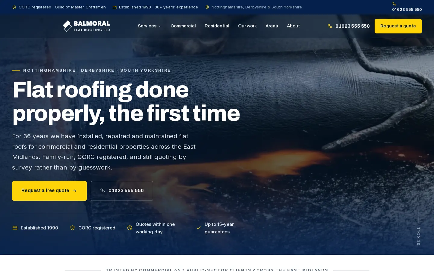 Balmoral Flat Roofing concept website homepage on desktop