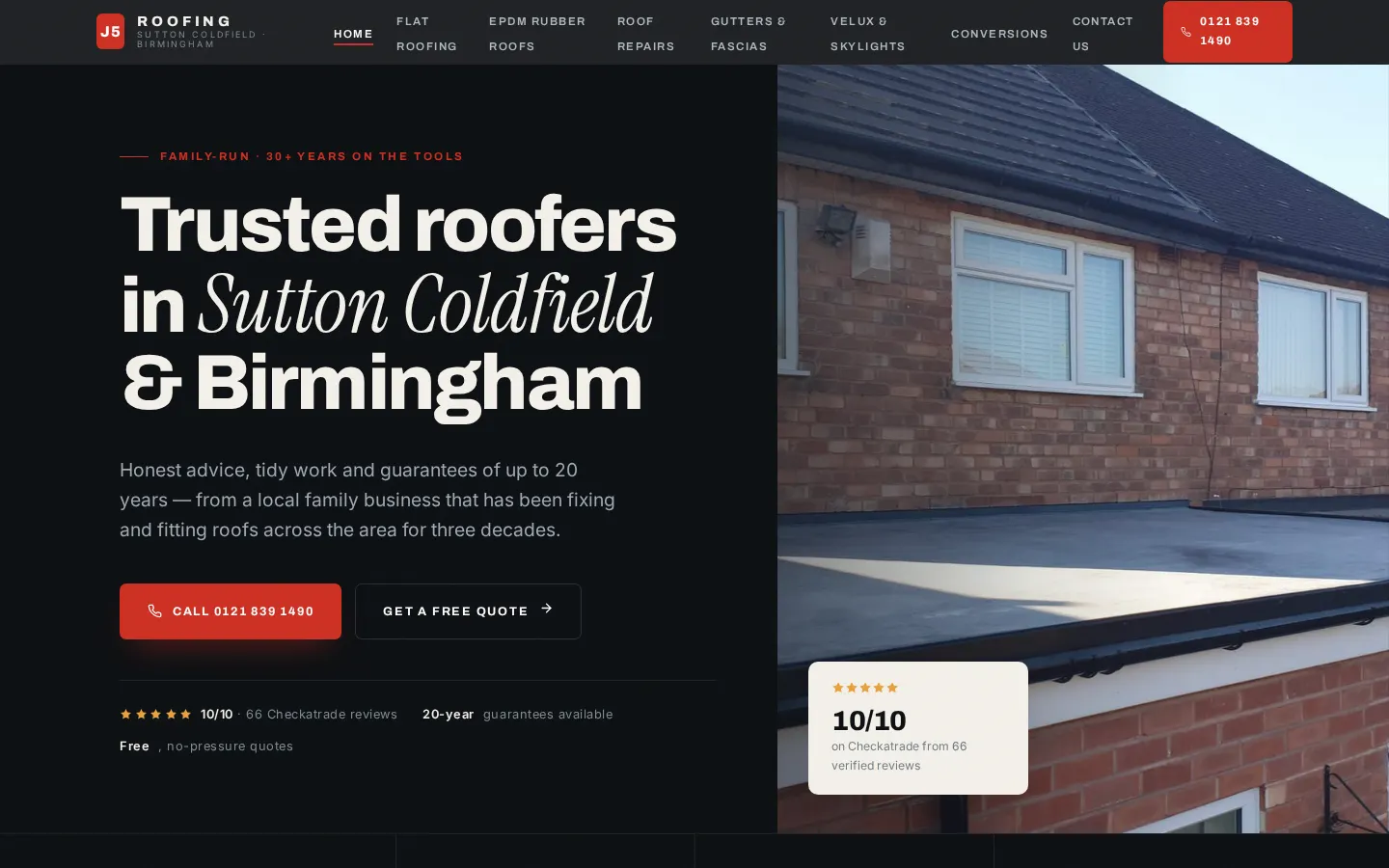 J5 Roofing concept website homepage on desktop