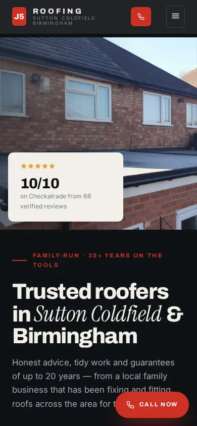 J5 Roofing concept site on a mobile screen