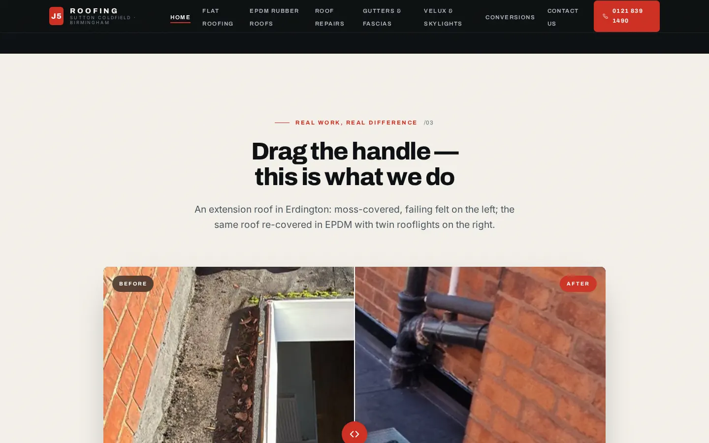Mid-page process section of the J5 Roofing concept site